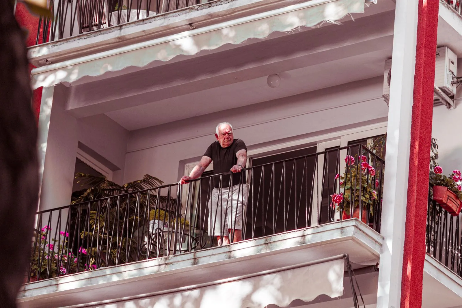 A senior man stands on a balcony surrounded by plants, enjoying a sunny day.